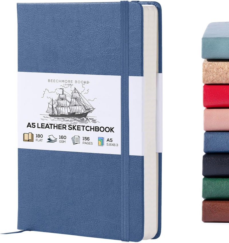 Beechmore Books دفتر رسم A5 – 5.8x8.3 جلد فاخر نباتي كبير مع 156 صفحة سميكة 160gsm بيج كريم مثقبة، دفتر رسم فارغ، صندوق هدايا، جيب خلفي، علامة مرجعية - Image 1